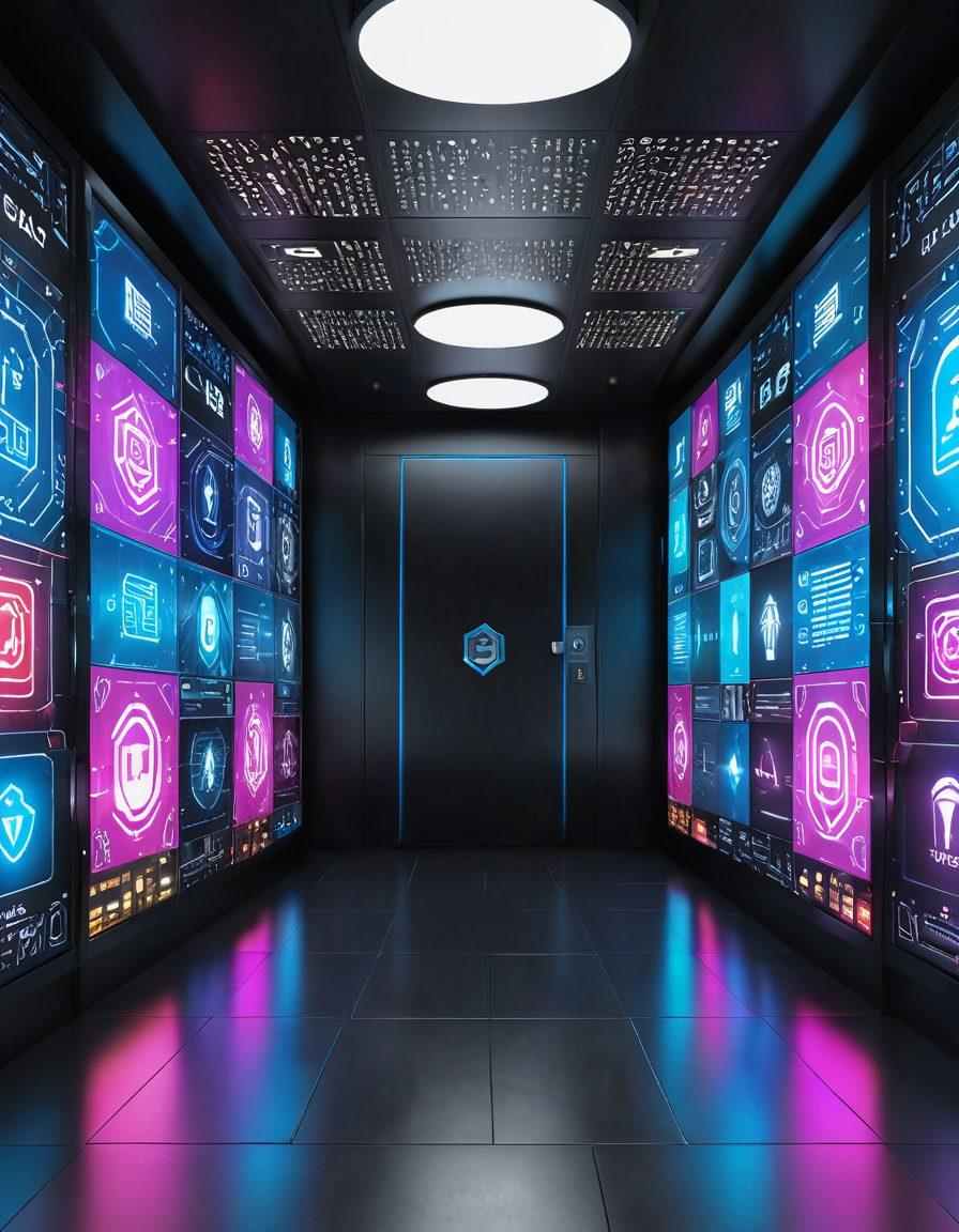 A digital landscape depicting a secure vault for storing credentials, surrounded by abstract representations of various online security icons like locks, shields, and biometric symbols. Include a clear pathway guiding users towards a safe digital identity, illuminated with vibrant colors to represent safety and technology. Use futuristic elements to convey innovation and trust. super-realistic. vibrant colors. 3D.