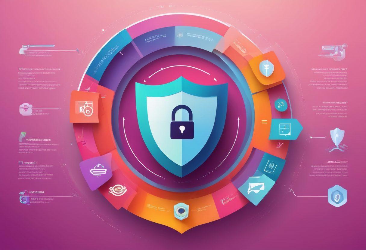 A visually appealing infographic showcasing a shield symbolizing security, surrounded by colorful illustrations of different password management tools like lock icons and password fields. Include diverse characters using devices for secure access, with arrows pointing to identity verification processes. The background should be a soft gradient for a calming effect. vector art. vibrant colors. 